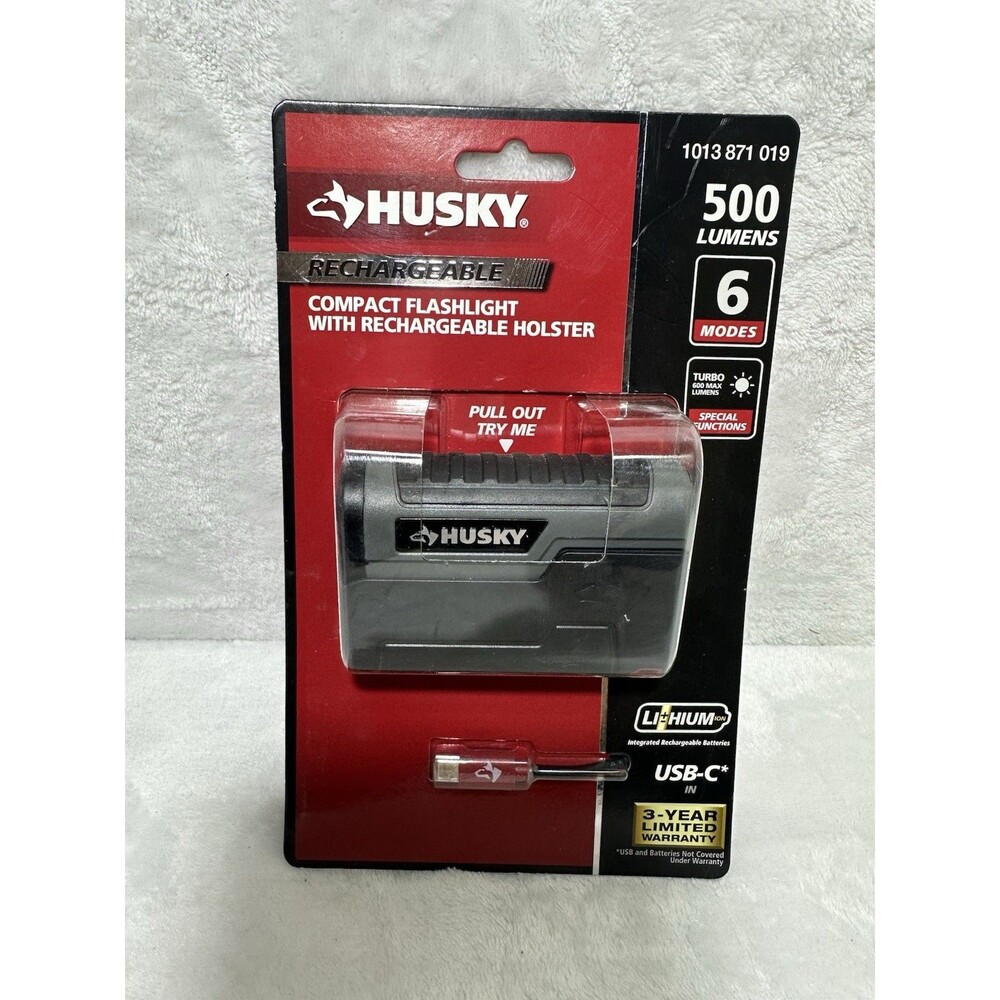 Husky 500 Lumens Rechargeable Compact Flashlight w/ Holster USB-C